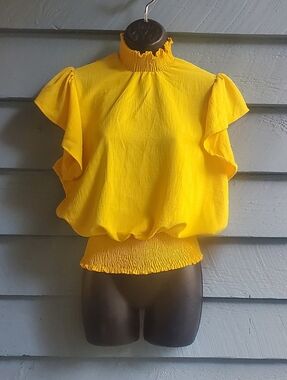 Bright Yellow Ruffle Sleeve Smocked Waist Top